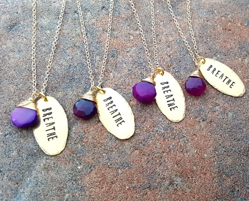 Breathe Necklace – Hand Stamped Brass Tag with Purple Chalcedony, 20 Inch